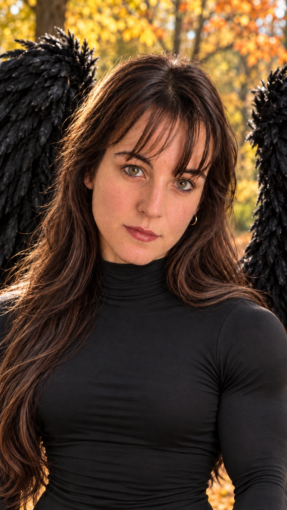 Portrait of Mélanie with hazel eyes and dark brown hair, framed by black feather costume wings and autumn foliage