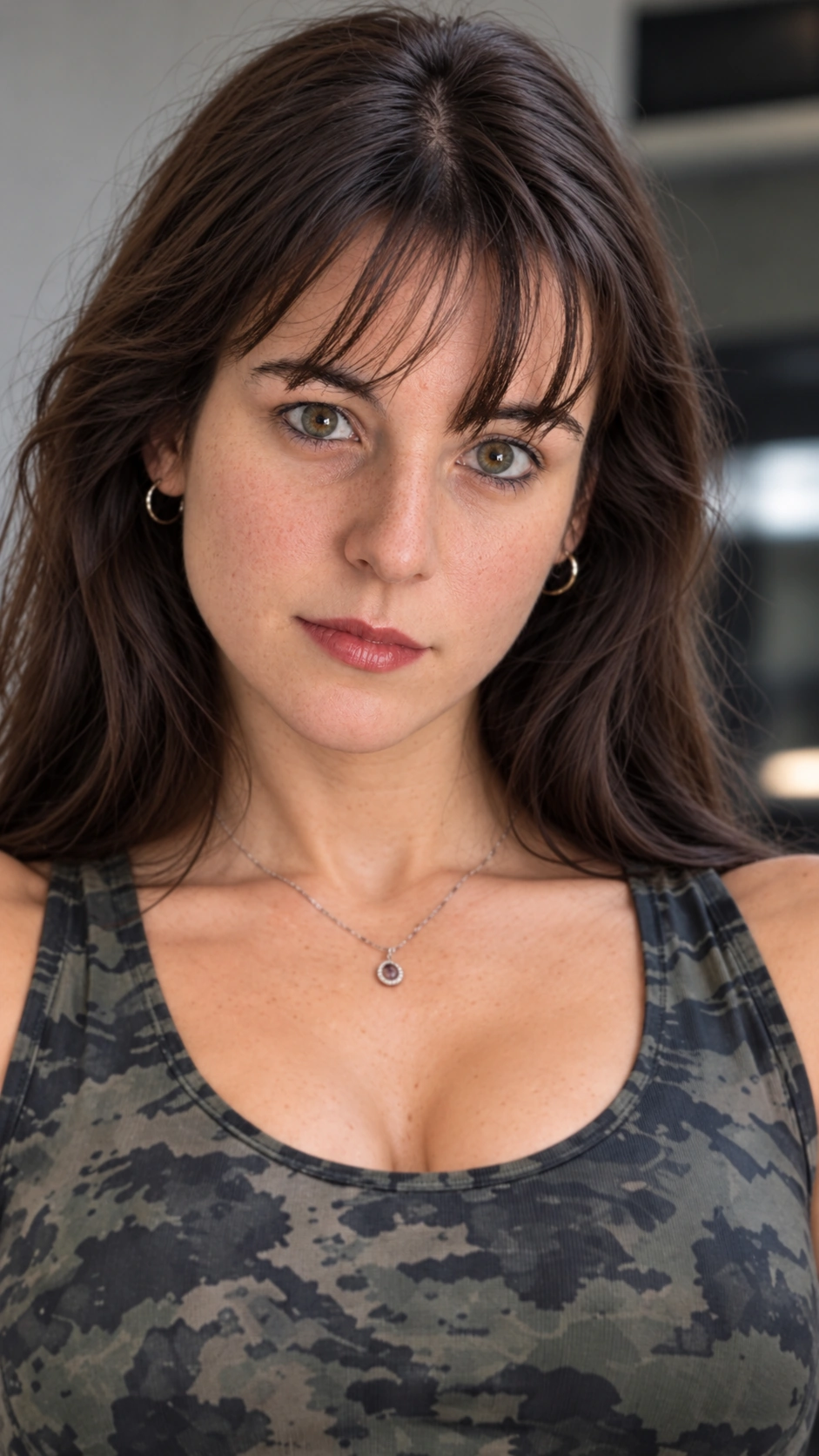 Mélanie in a camouflage top, a close-up portrait with dark brown hair and hazel eyes