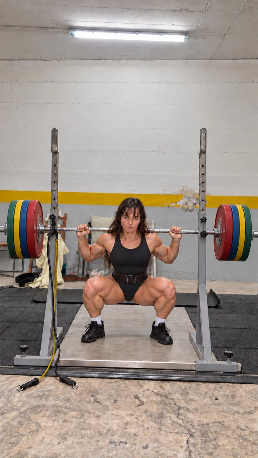 Mélanie at the bottom of a barbell squat in the same gym