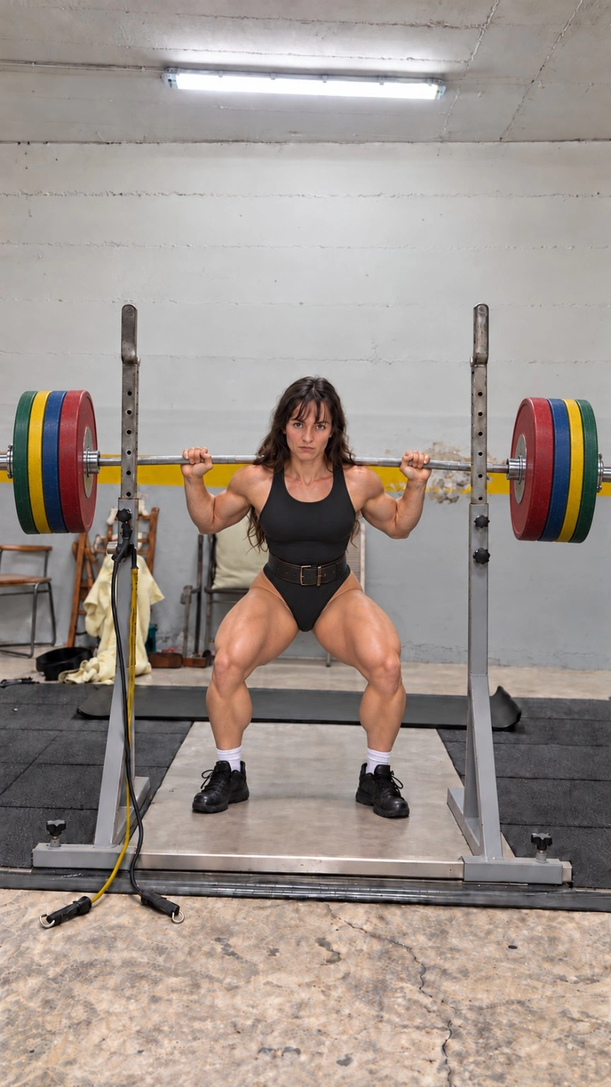 Mélanie lowering into a barbell squat in the same gym